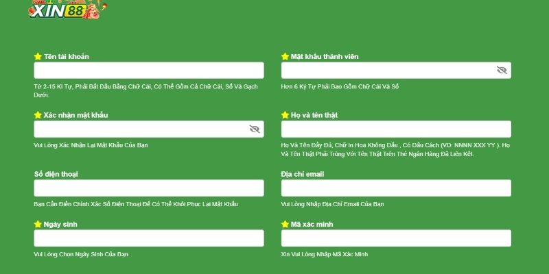 Màn hình đăng ký tại nhà cái XIN88
